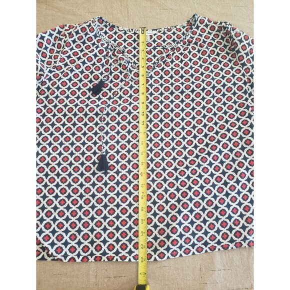 Tommy Bahama Geo Floral Tunic Blouse Cotton Split Neck Medium Tie Tassels Blue - Picture 15 of 16